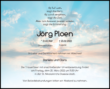 Traueranzeige von Jörg Ploen von Ostsee-Zeitung GmbH