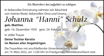 Traueranzeige von Johanna Schulz von Leipziger Volkszeitung