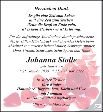 Traueranzeige von Johanna Stolle von Leipziger Volkszeitung