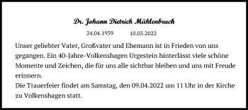 Traueranzeige von Johann Dietrich Mühlenbruch von Ostsee-Zeitung GmbH