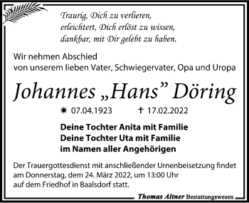 Traueranzeige von Johannes Döring von Leipziger Volkszeitung