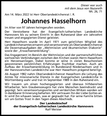 Traueranzeige von Johannes Hasselhorn von Hannoversche Allgemeine Zeitung/Neue Presse