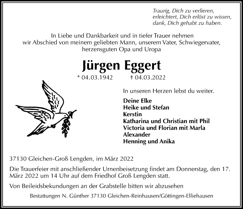  Traueranzeige für Jürgen Eggert vom 12.03.2022 aus Göttinger Tageblatt