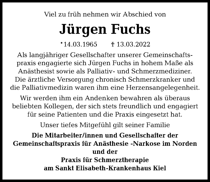  Traueranzeige für Jürgen Fuchs vom 19.03.2022 aus Kieler Nachrichten
