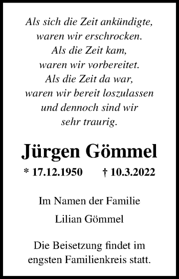 Traueranzeige von Jürgen Gömmel von Ostsee-Zeitung GmbH