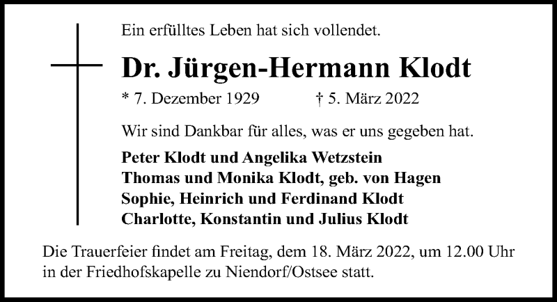  Traueranzeige für Jürgen-Hermann Klodt vom 13.03.2022 aus Lübecker Nachrichten