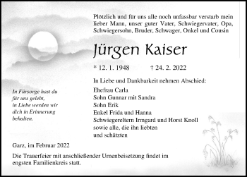 Traueranzeige von Jürgen Kaiser von Ostsee-Zeitung GmbH