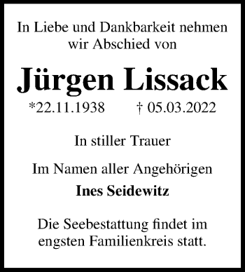 Traueranzeige von Jürgen Lissack von Ostsee-Zeitung GmbH