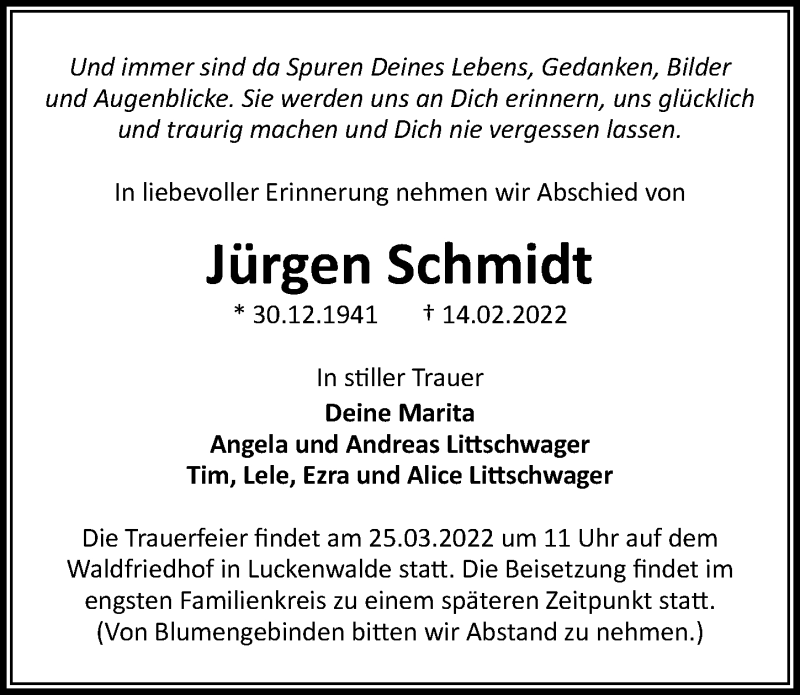  Traueranzeige für Jürgen Schmidt vom 12.03.2022 aus Märkischen Allgemeine Zeitung