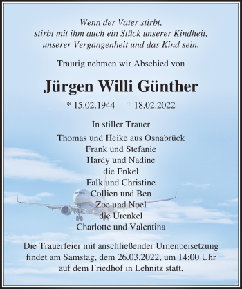 Traueranzeige von Jürgen Willi Günther von Märkischen Allgemeine Zeitung