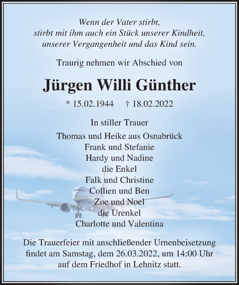  Traueranzeige für Jürgen Willi Günther vom 19.03.2022 aus Märkischen Allgemeine Zeitung