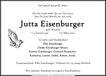 Traueranzeige von Jutta Eisenburger von Schaumburger Nachrichten