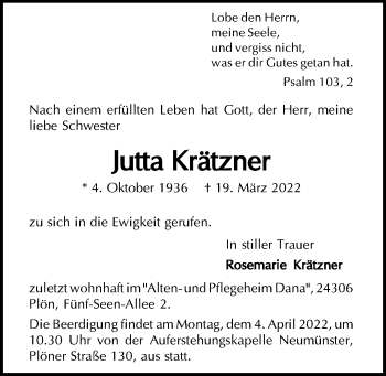 Traueranzeige von Jutta Krätzner von Kieler Nachrichten