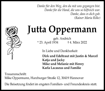 Traueranzeige von Jutta Oppermann von Hannoversche Allgemeine Zeitung/Neue Presse