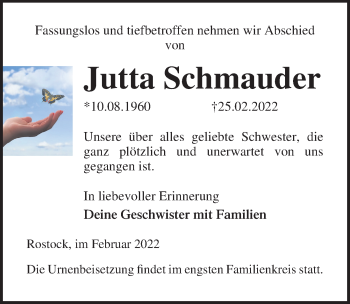 Traueranzeige von Jutta Schmauder von Ostsee-Zeitung GmbH