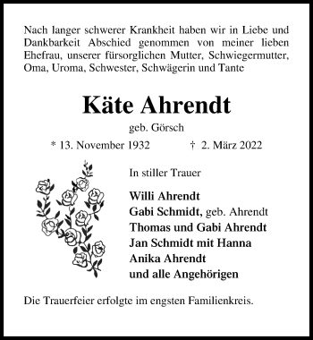 Traueranzeige von Käte Ahrendt von Lübecker Nachrichten