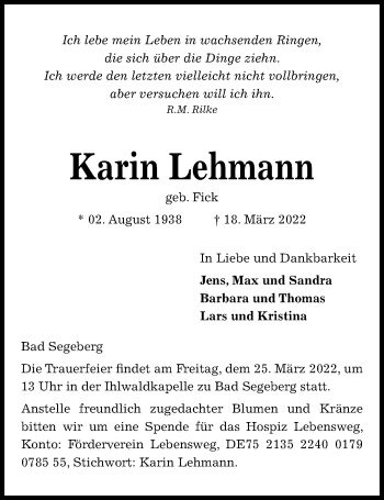 Traueranzeige von Karin Lehmann von Kieler Nachrichten