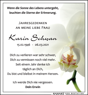 Traueranzeige von Karin Schwan von Leipziger Volkszeitung
