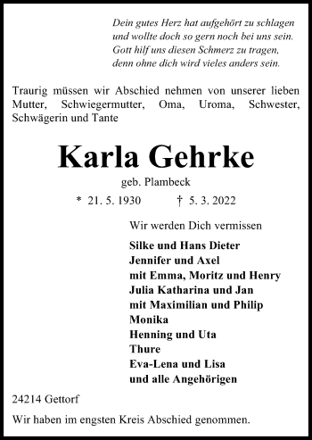 Traueranzeige von Karla Gehrke von Kieler Nachrichten