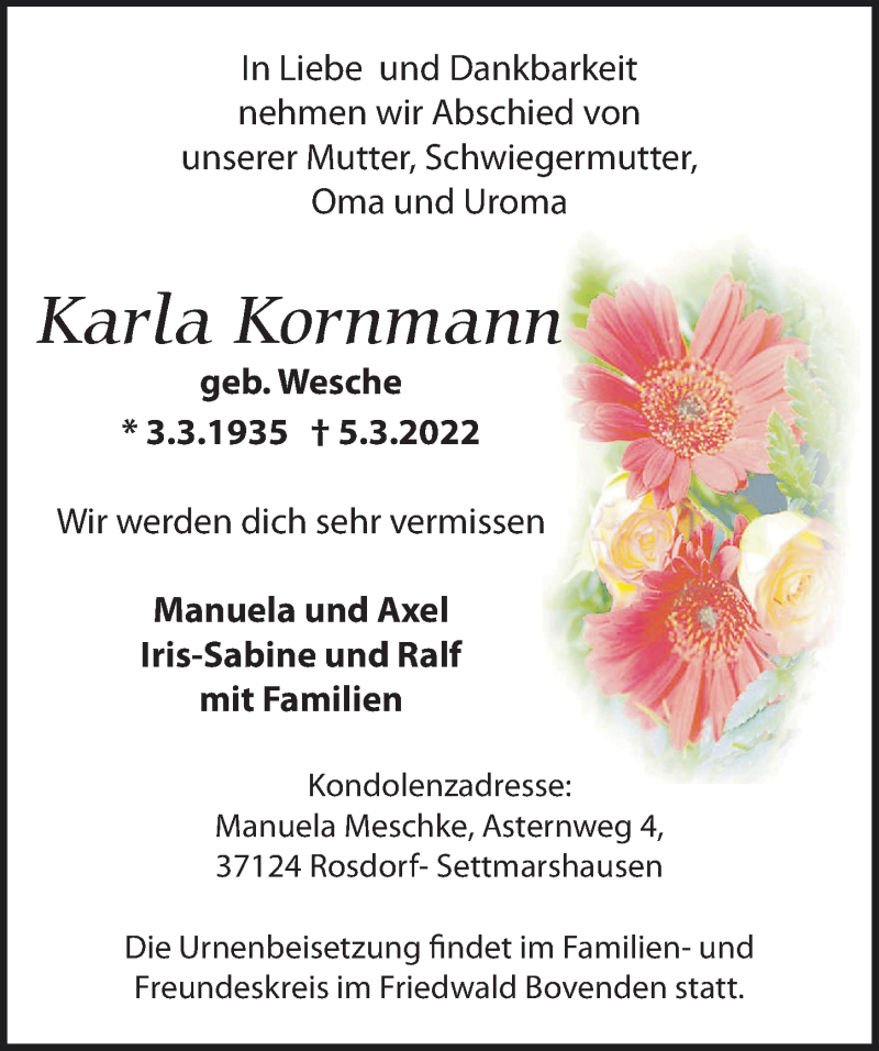  Traueranzeige für Karla Kornmann vom 12.03.2022 aus Göttinger Tageblatt