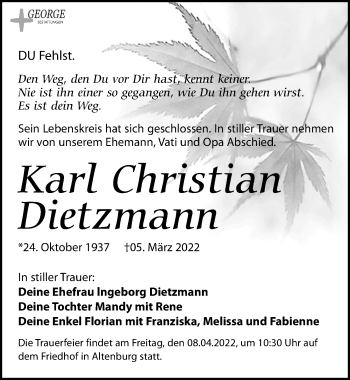 Traueranzeige von Karl Christian Dietzmann von Leipziger Volkszeitung