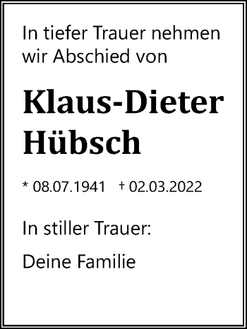 Traueranzeige von Klaus-Dieter Hübsch von Ostsee-Zeitung GmbH