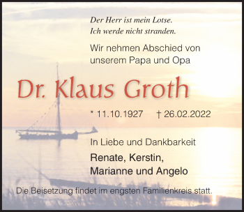 Traueranzeige von Klaus Groth von Ostsee-Zeitung GmbH