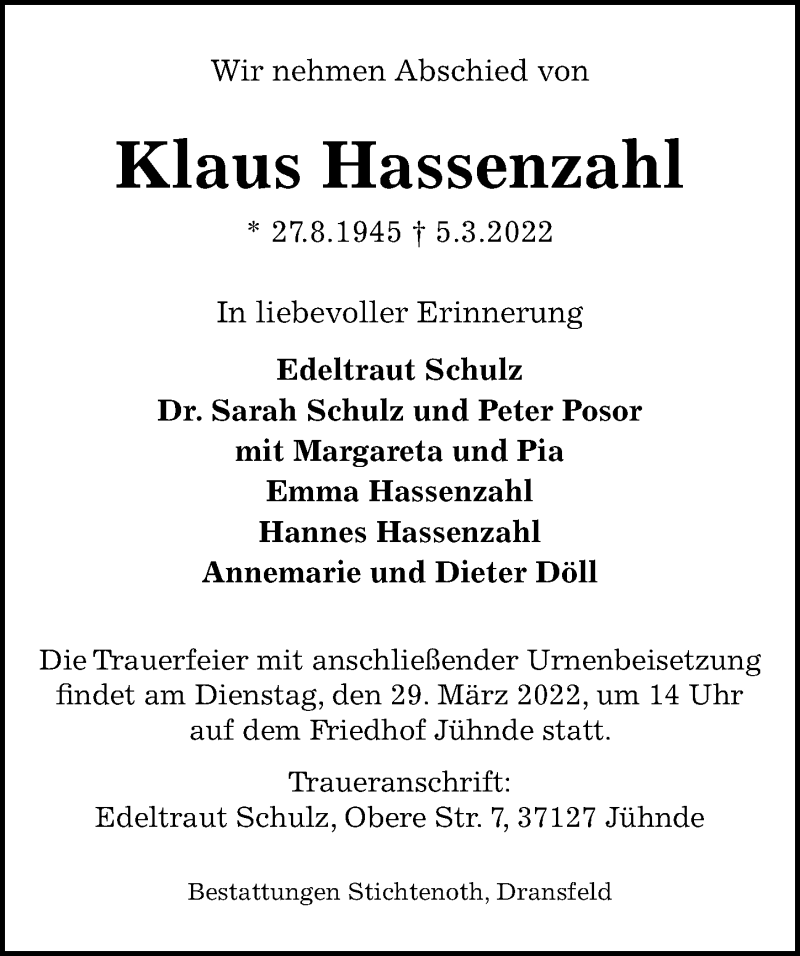  Traueranzeige für Klaus Hassenzahl vom 24.03.2022 aus Göttinger Tageblatt