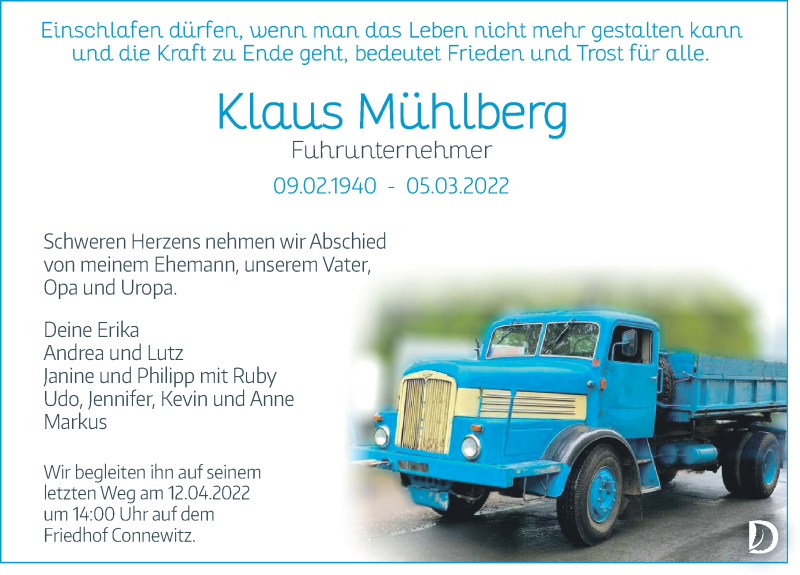  Traueranzeige für Klaus Mühlberg vom 19.03.2022 aus Leipziger Volkszeitung
