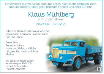 Traueranzeige von Klaus Mühlberg von Leipziger Volkszeitung