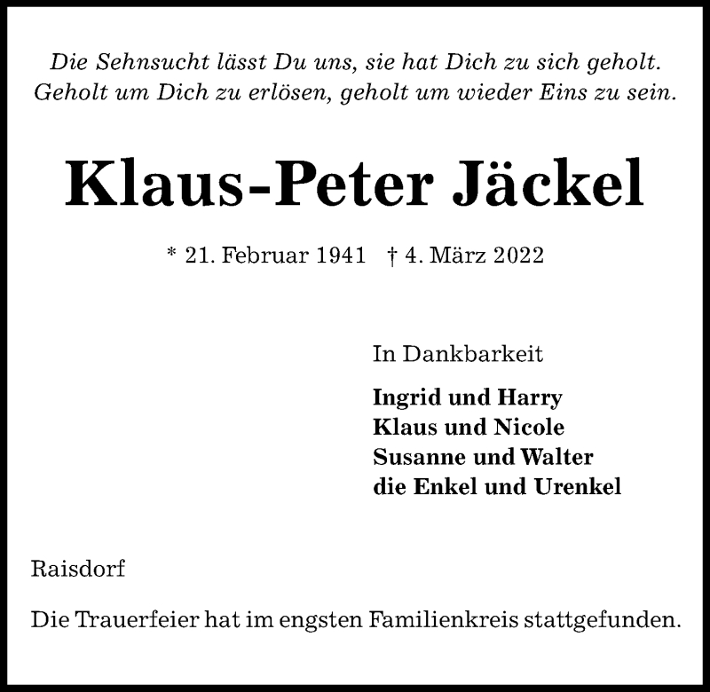  Traueranzeige für Klaus-Peter Jäckel vom 19.03.2022 aus Kieler Nachrichten
