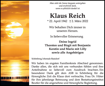 Traueranzeige von Klaus Reich von Kieler Nachrichten
