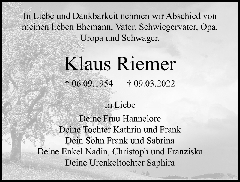  Traueranzeige für Klaus Riemer vom 26.03.2022 aus Ostsee-Zeitung GmbH