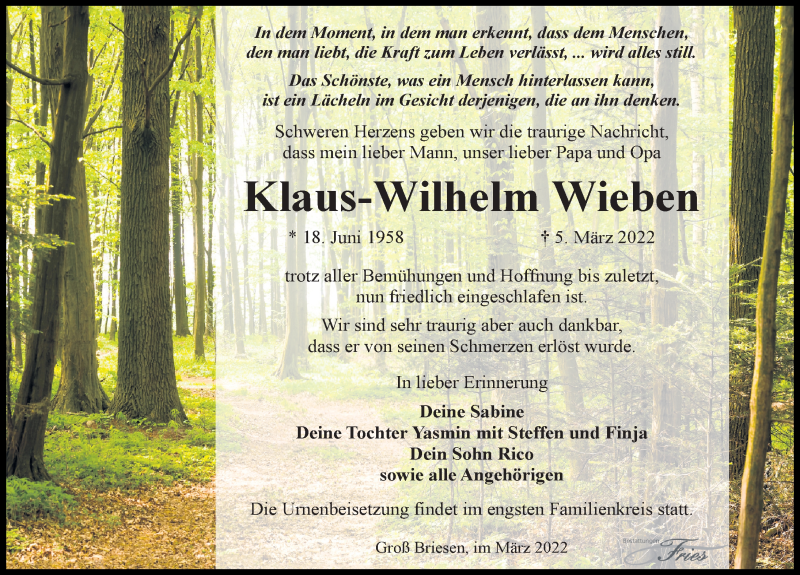 Traueranzeige für Klaus-Wilhelm Wieben vom 12.03.2022 aus Märkischen Allgemeine Zeitung