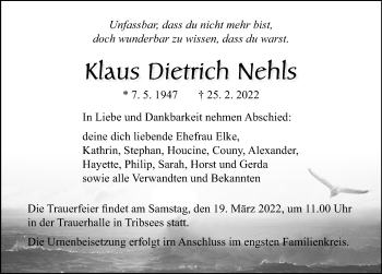 Traueranzeige von Klaus Dietrich Nehls von Ostsee-Zeitung GmbH