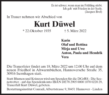 Traueranzeige von Kurt Düwel von Hannoversche Allgemeine Zeitung/Neue Presse