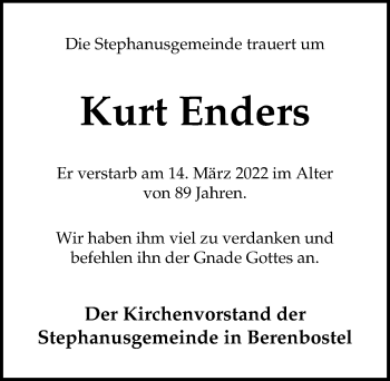 Traueranzeige von Kurt Enders von Hannoversche Allgemeine Zeitung/Neue Presse