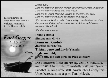 Traueranzeige von Kurt Greger von Ostsee-Zeitung GmbH
