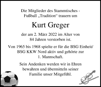 Traueranzeige von Kurt Greger von Ostsee-Zeitung GmbH