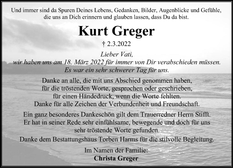  Traueranzeige für Kurt Greger vom 26.03.2022 aus Ostsee-Zeitung GmbH