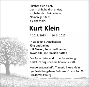 Traueranzeige von Kurt Klein von Aller Zeitung