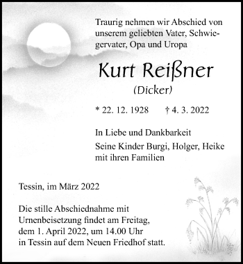 Traueranzeige von Kurt Reißner von Ostsee-Zeitung GmbH
