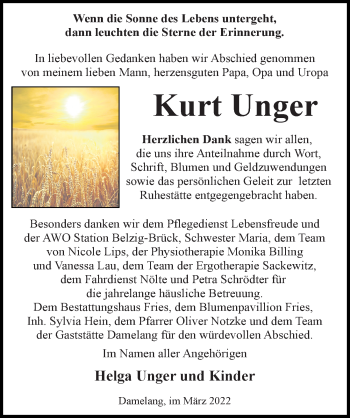 Traueranzeige von Kurt Unger von Märkischen Allgemeine Zeitung