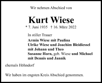 Traueranzeige von Kurt Wiese von Kieler Nachrichten