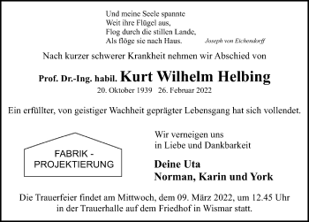 Traueranzeige von Kurt Wilhelm Helbing von Ostsee-Zeitung GmbH