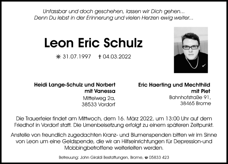 Traueranzeige für Leon Eric Schulz vom 12.03.2022 aus Aller Zeitung