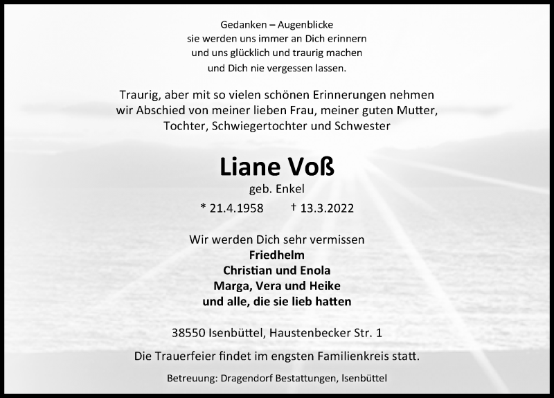  Traueranzeige für Liane Voß vom 19.03.2022 aus Aller Zeitung