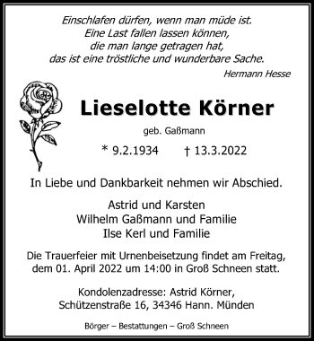 Traueranzeige von Lieselotte Körner von Göttinger Tageblatt