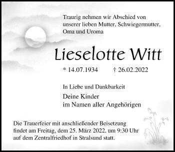 Traueranzeige von Lieselotte Witt von Ostsee-Zeitung GmbH