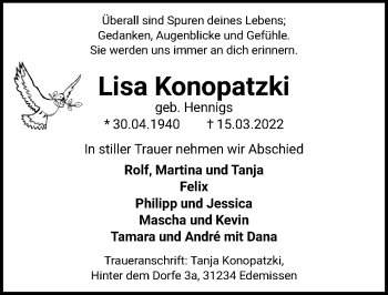 Traueranzeige von Lisa Konopatzki von Peiner Allgemeine Zeitung